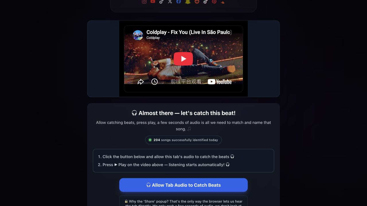 SongFinder's video-link workflow showing the Coldplay player and the tab-audio sharing button